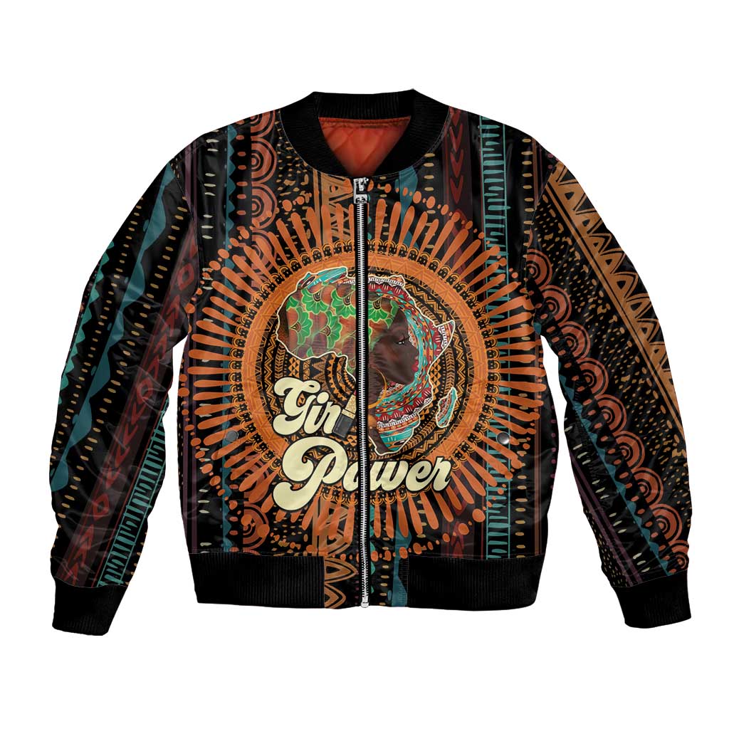 Black bomber jacket with colorful Girl Power front graphic and ribbed hem