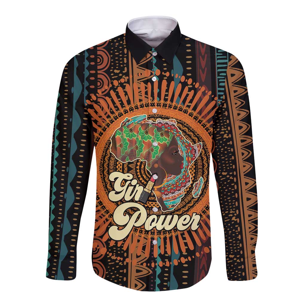 Black long sleeve button shirt with Girl Power graphic and illustrated face