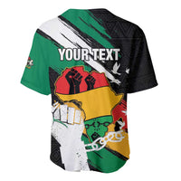 Back of Juneteenth baseball jersey with Nigeria map graphic, green side stripes.