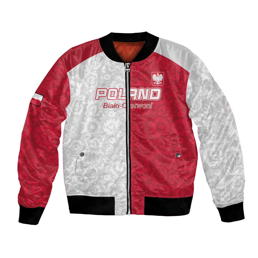 Custom Poland Football Bomber Jacket White-Reds Floral Polish Pattern - Wonder Print Shop