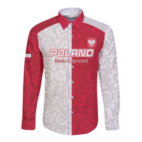 Long-sleeve button football shirt with red-and-white floral pattern, chest text and crest