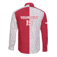 Back view long-sleeve button football shirt with red-and-white floral pattern, YOUR TEXT 15