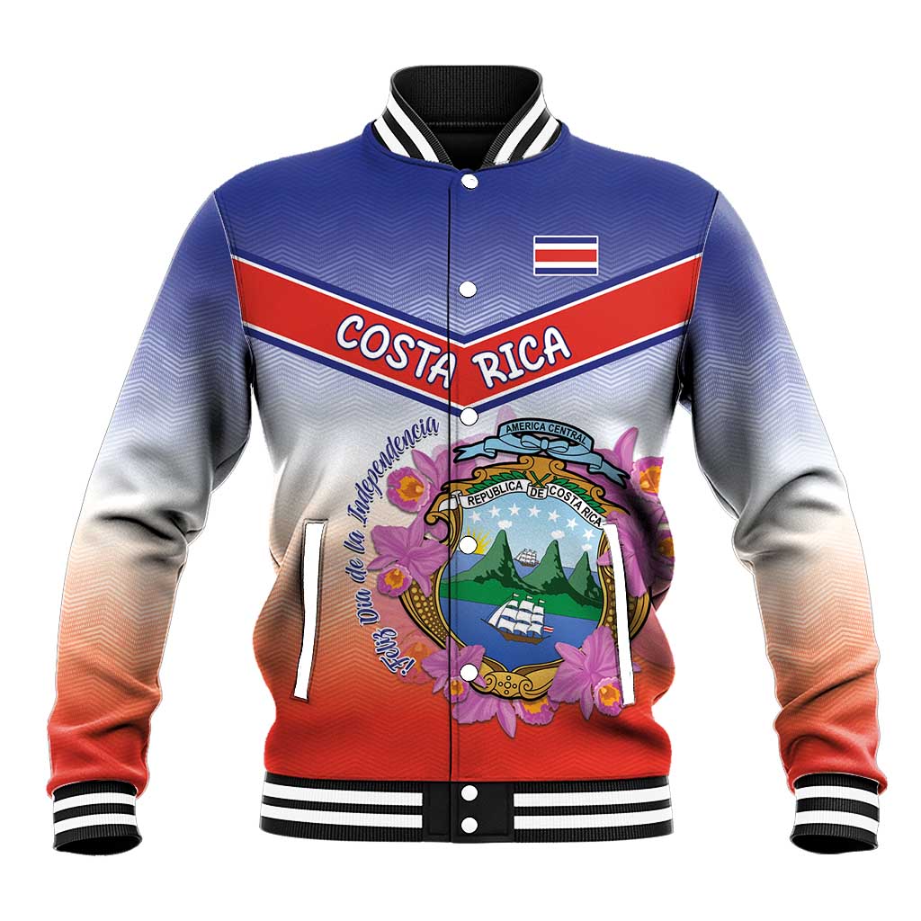 Personalized baseball jacket, blue-to-red with Costa Rica crest and purple orchid