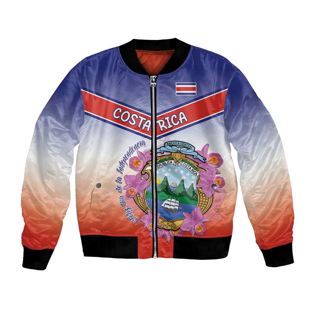 Blue bomber jacket with zipper; front coat of arms, Costa Rica text, purple orchids