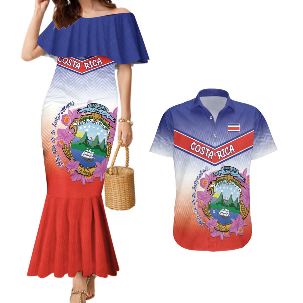 Personalized Costa Rica Independence Day Couples Matching Mermaid Dress and Hawaiian Shirt Coat Of Arms With Purple Guaria Morada Orchid - Wonder Print Shop