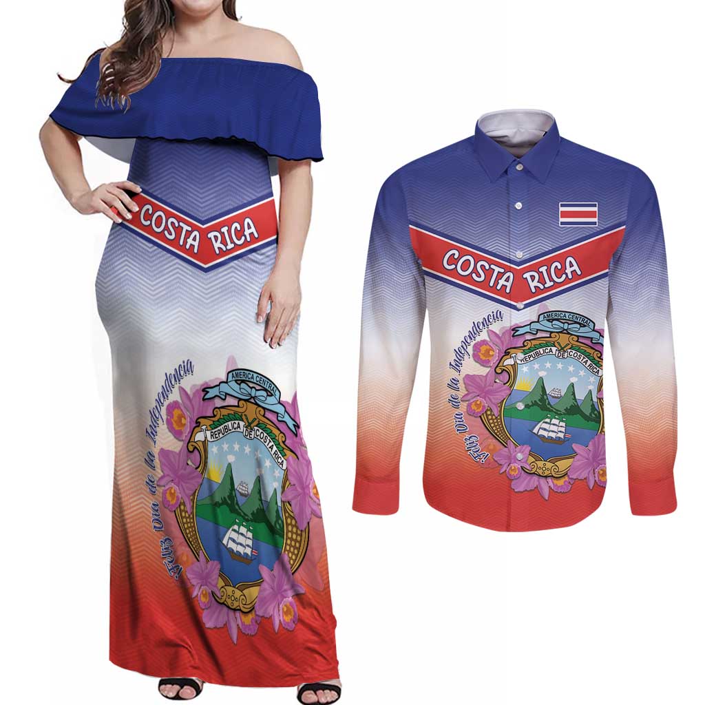 Personalized Costa Rica Independence Day Couples Matching Off Shoulder Maxi Dress and Long Sleeve Button Shirt Coat Of Arms With Purple Guaria Morada Orchid - Wonder Print Shop