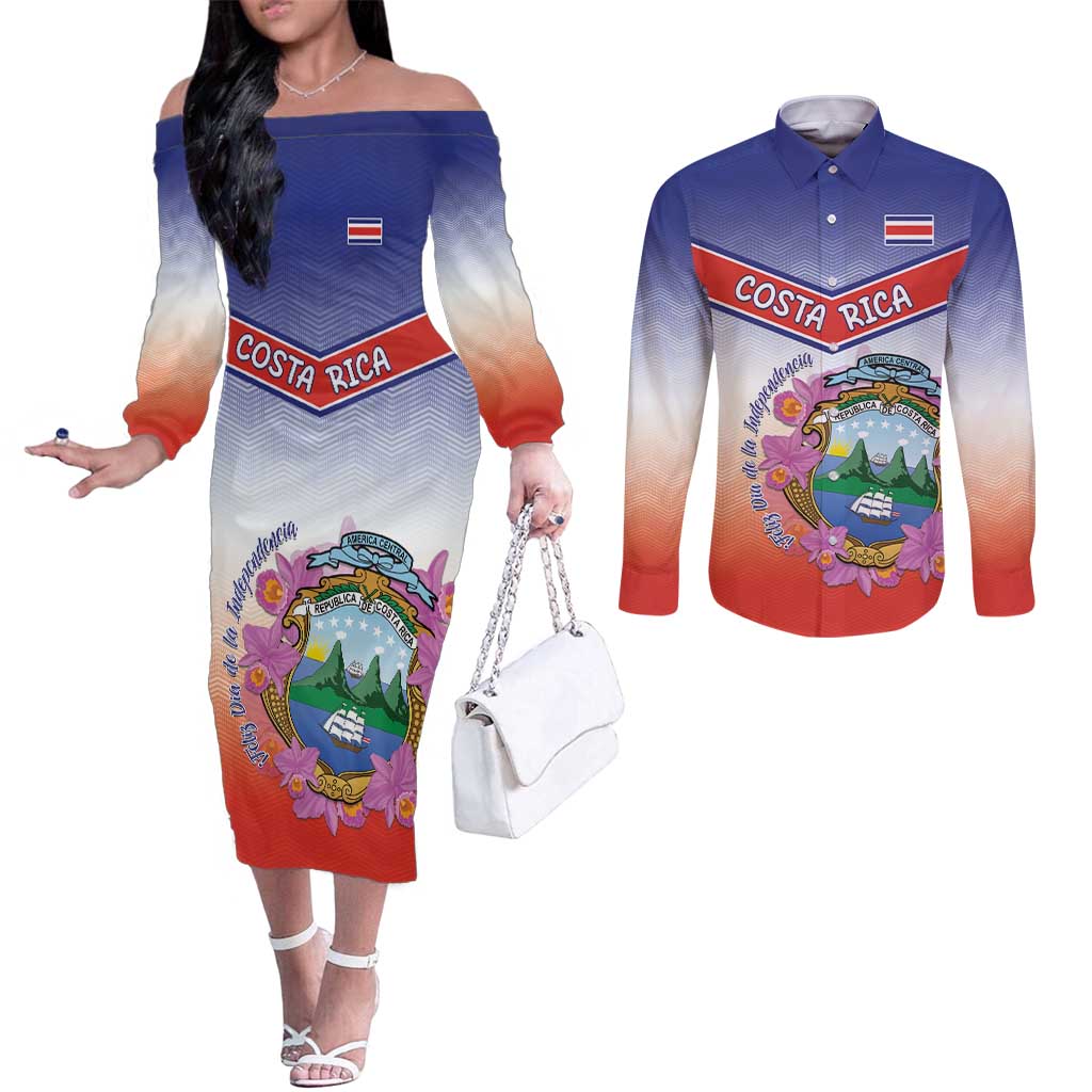 Personalized Costa Rica Independence Day Couples Matching Off The Shoulder Long Sleeve Dress and Long Sleeve Button Shirt Coat Of Arms With Purple Guaria Morada Orchid