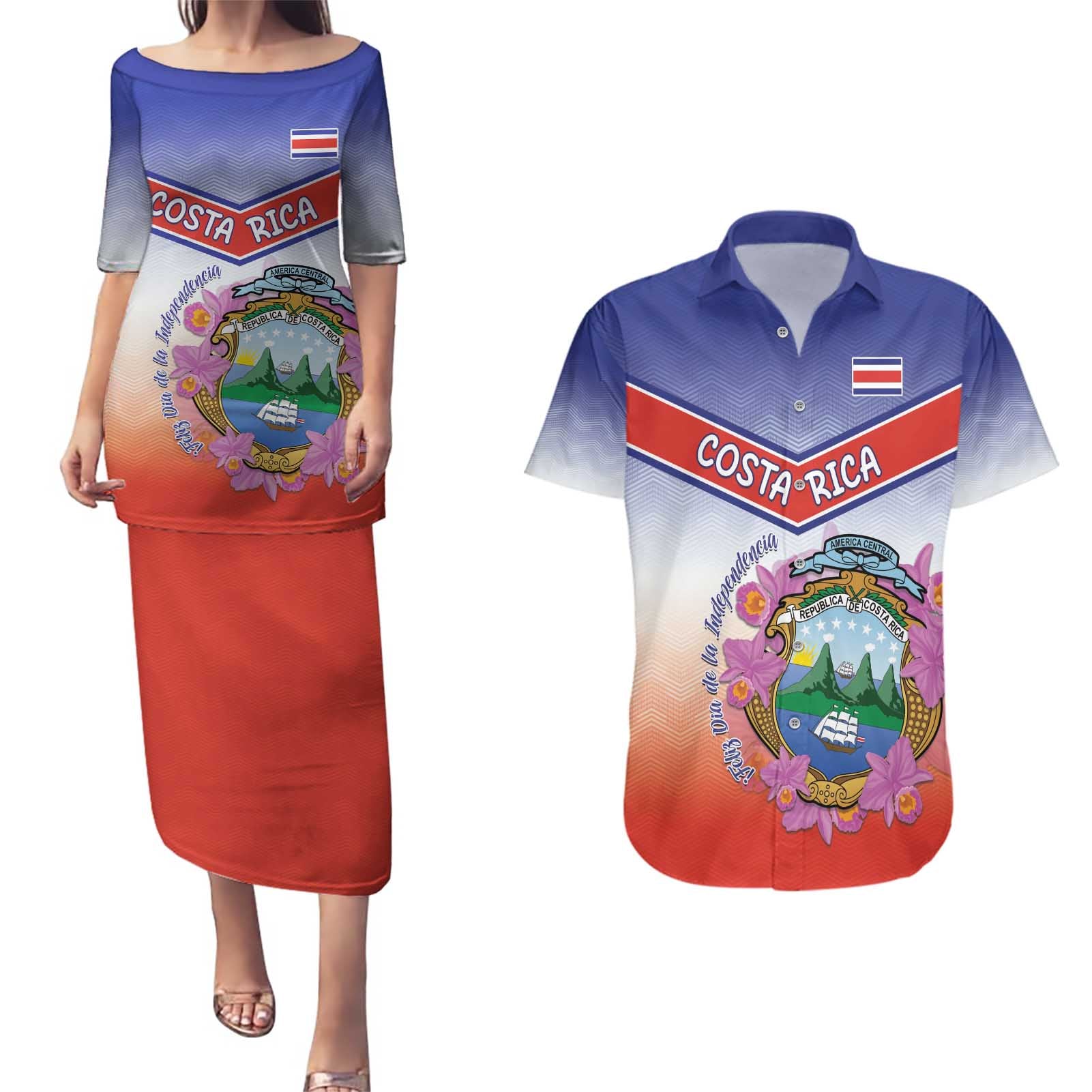 Personalized Costa Rica Independence Day Couples Matching Puletasi and Hawaiian Shirt Coat Of Arms With Purple Guaria Morada Orchid - Wonder Print Shop