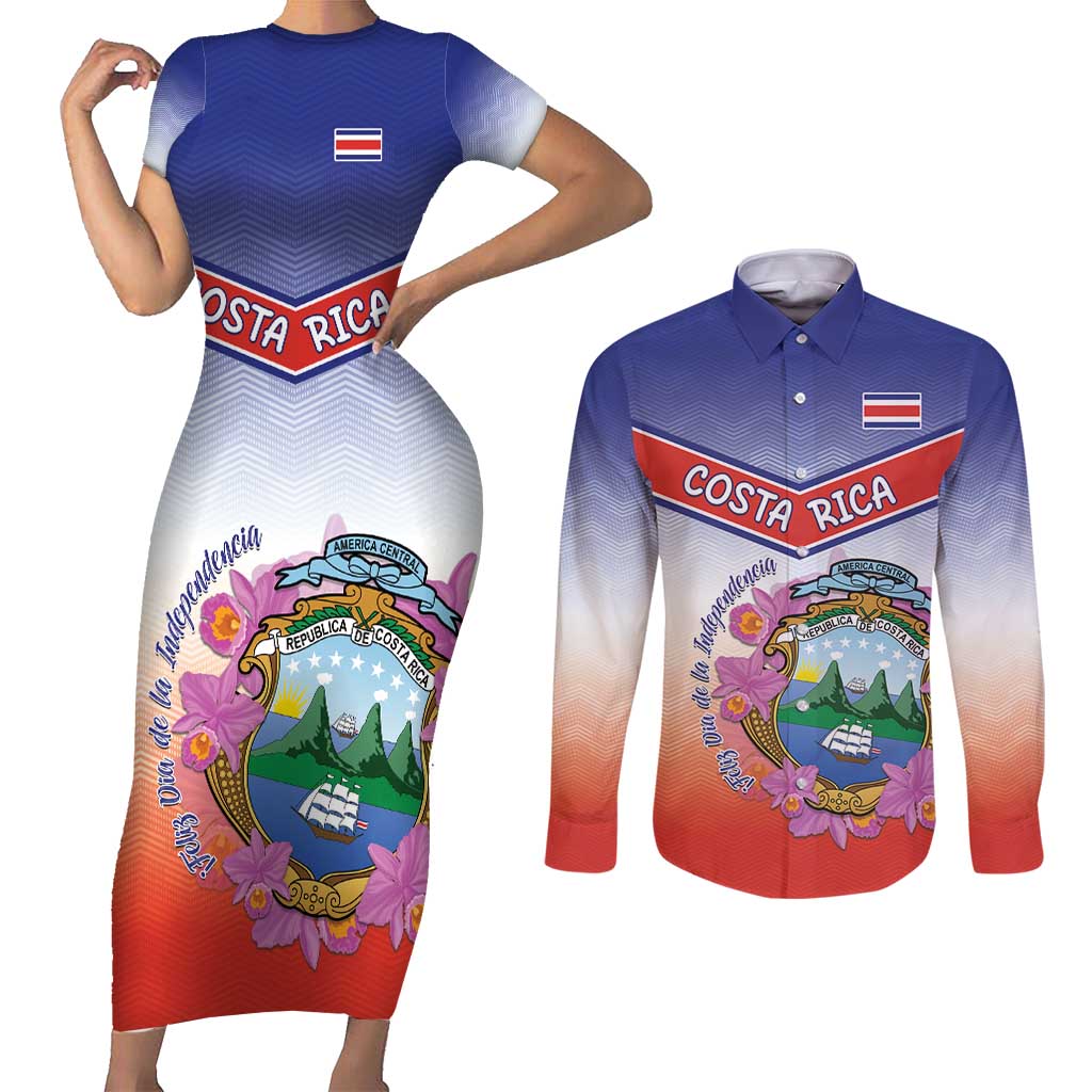 Personalized Costa Rica Independence Day Couples Matching Short Sleeve Bodycon Dress and Long Sleeve Button Shirt Coat Of Arms With Purple Guaria Morada Orchid - Wonder Print Shop