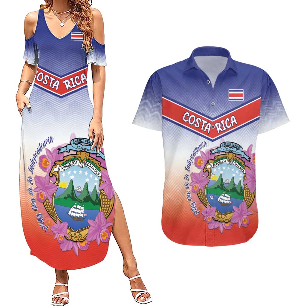 Personalized Costa Rica Independence Day Couples Matching Summer Maxi Dress and Hawaiian Shirt Coat Of Arms With Purple Guaria Morada Orchid - Wonder Print Shop