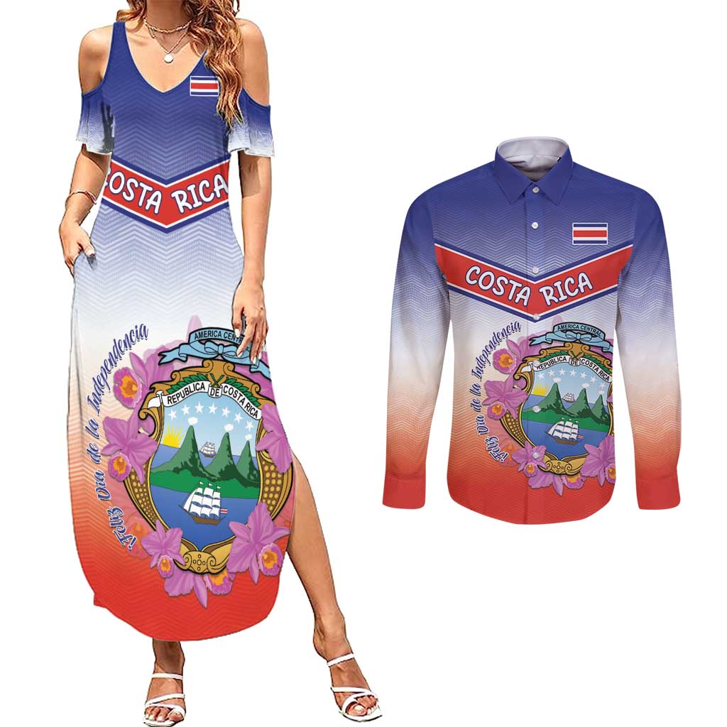 Personalized Costa Rica Independence Day Couples Matching Summer Maxi Dress and Long Sleeve Button Shirt Coat Of Arms With Purple Guaria Morada Orchid - Wonder Print Shop