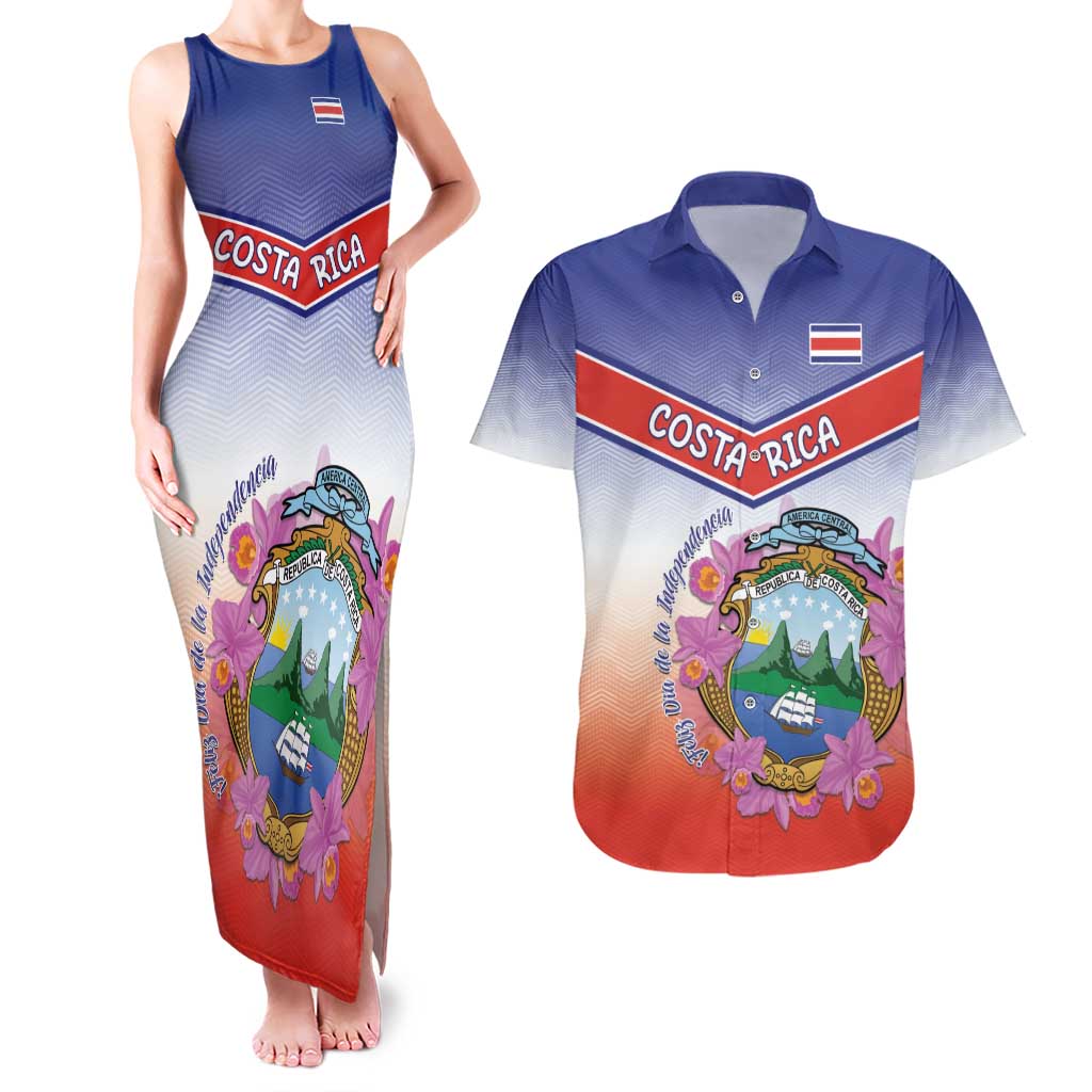 Personalized Costa Rica Independence Day Couples Matching Tank Maxi Dress and Hawaiian Shirt Coat Of Arms With Purple Guaria Morada Orchid - Wonder Print Shop