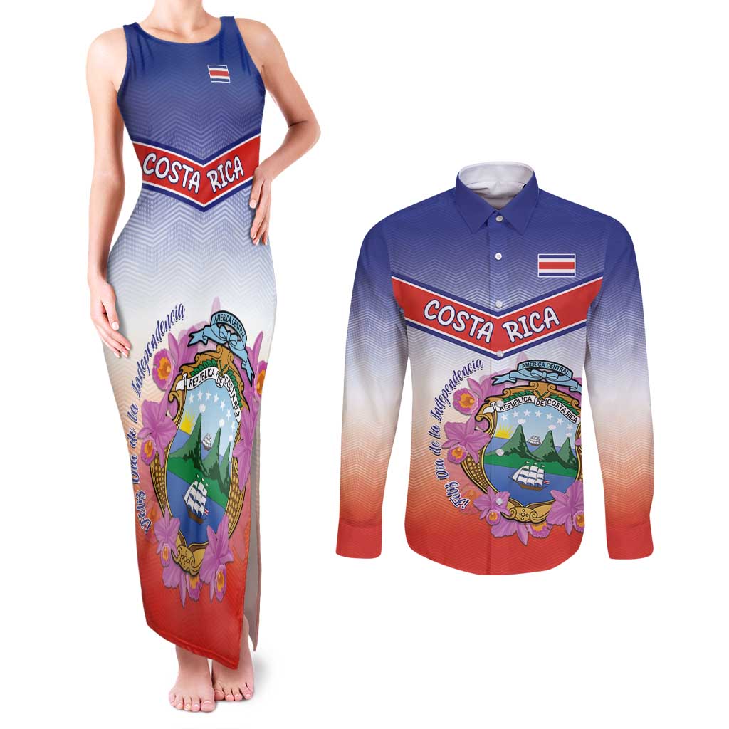 Personalized Costa Rica Independence Day Couples Matching Tank Maxi Dress and Long Sleeve Button Shirt Coat Of Arms With Purple Guaria Morada Orchid - Wonder Print Shop