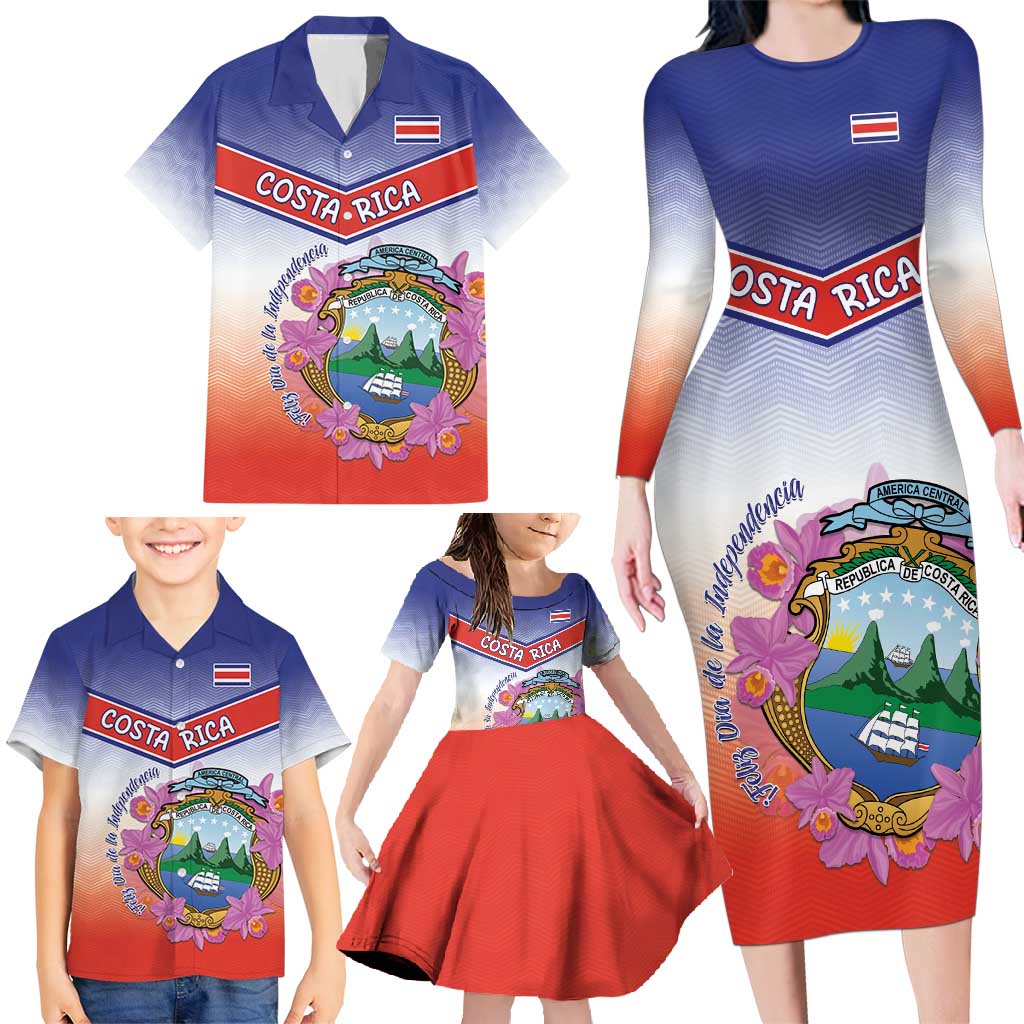 Personalized Costa Rica Independence Day Family Matching Long Sleeve Bodycon Dress and Hawaiian Shirt Coat Of Arms With Purple Guaria Morada Orchid - Wonder Print Shop