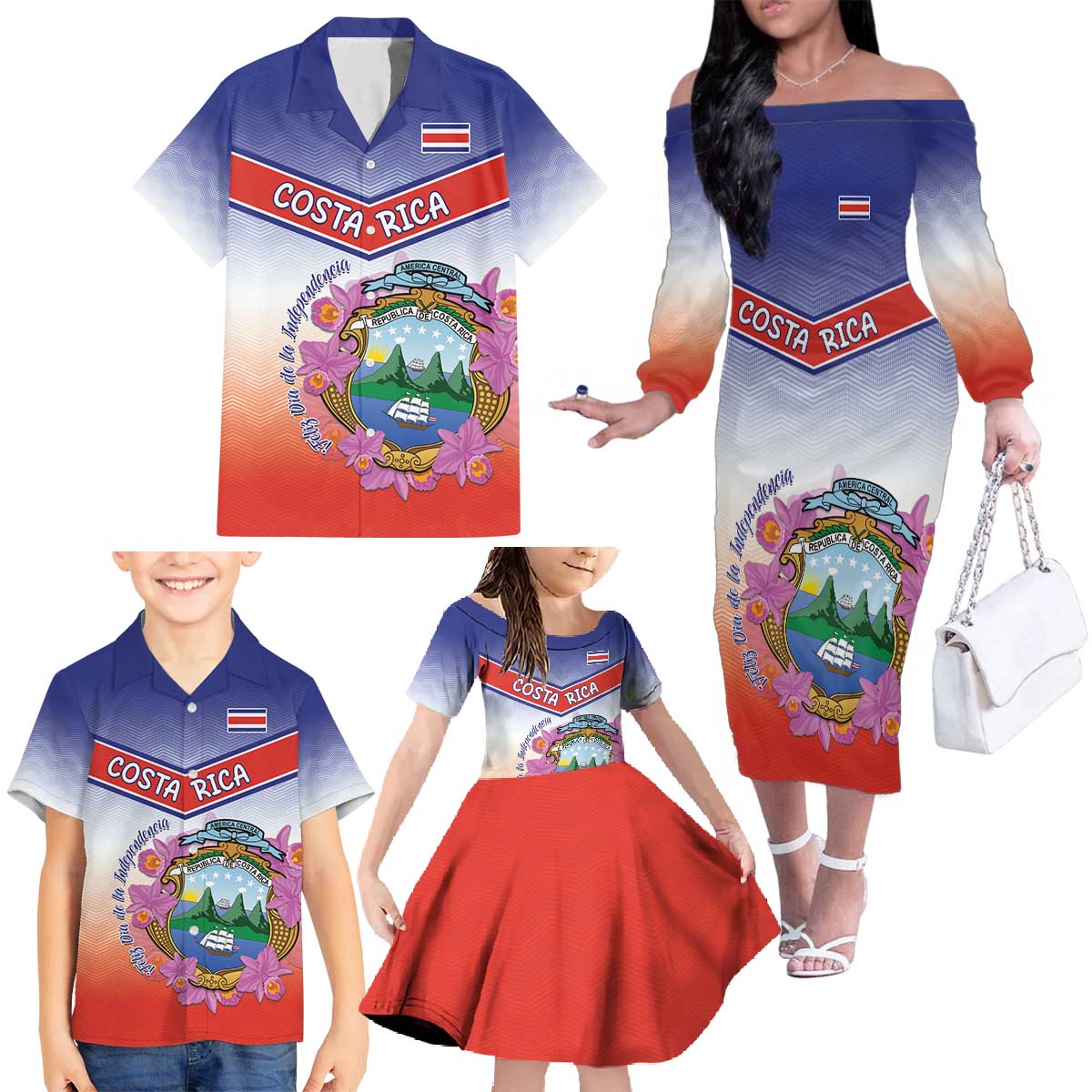 Personalized Costa Rica Independence Day Family Matching Off The Shoulder Long Sleeve Dress and Hawaiian Shirt Coat Of Arms With Purple Guaria Morada Orchid - Wonder Print Shop