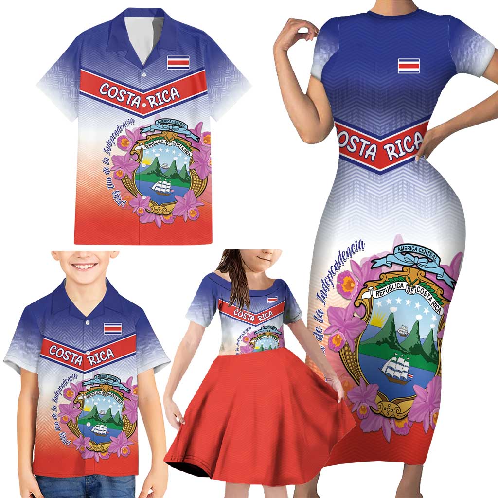 Personalized Costa Rica Independence Day Family Matching Short Sleeve Bodycon Dress and Hawaiian Shirt Coat Of Arms With Purple Guaria Morada Orchid - Wonder Print Shop