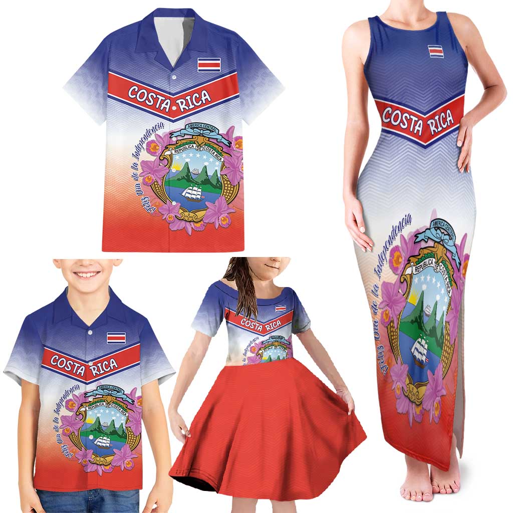 Personalized Costa Rica Independence Day Family Matching Tank Maxi Dress and Hawaiian Shirt Coat Of Arms With Purple Guaria Morada Orchid - Wonder Print Shop