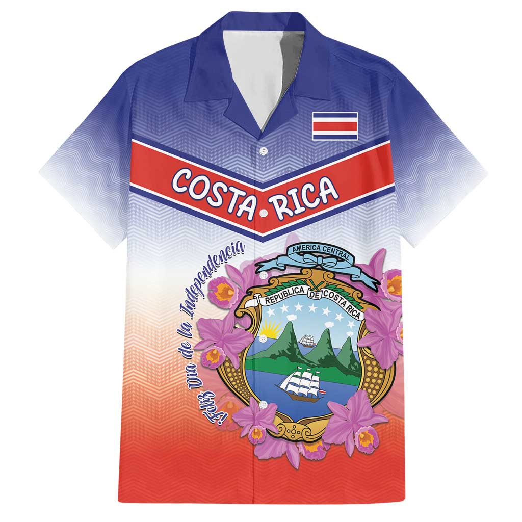 Personalized Costa Rica Independence Day Hawaiian Shirt Coat Of Arms With Purple Guaria Morada Orchid - Wonder Print Shop