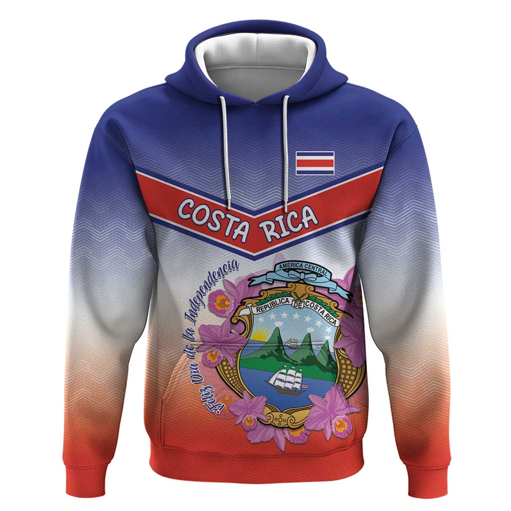 Personalized Costa Rica Independence Day Hoodie Coat Of Arms With Purple Guaria Morada Orchid - Wonder Print Shop