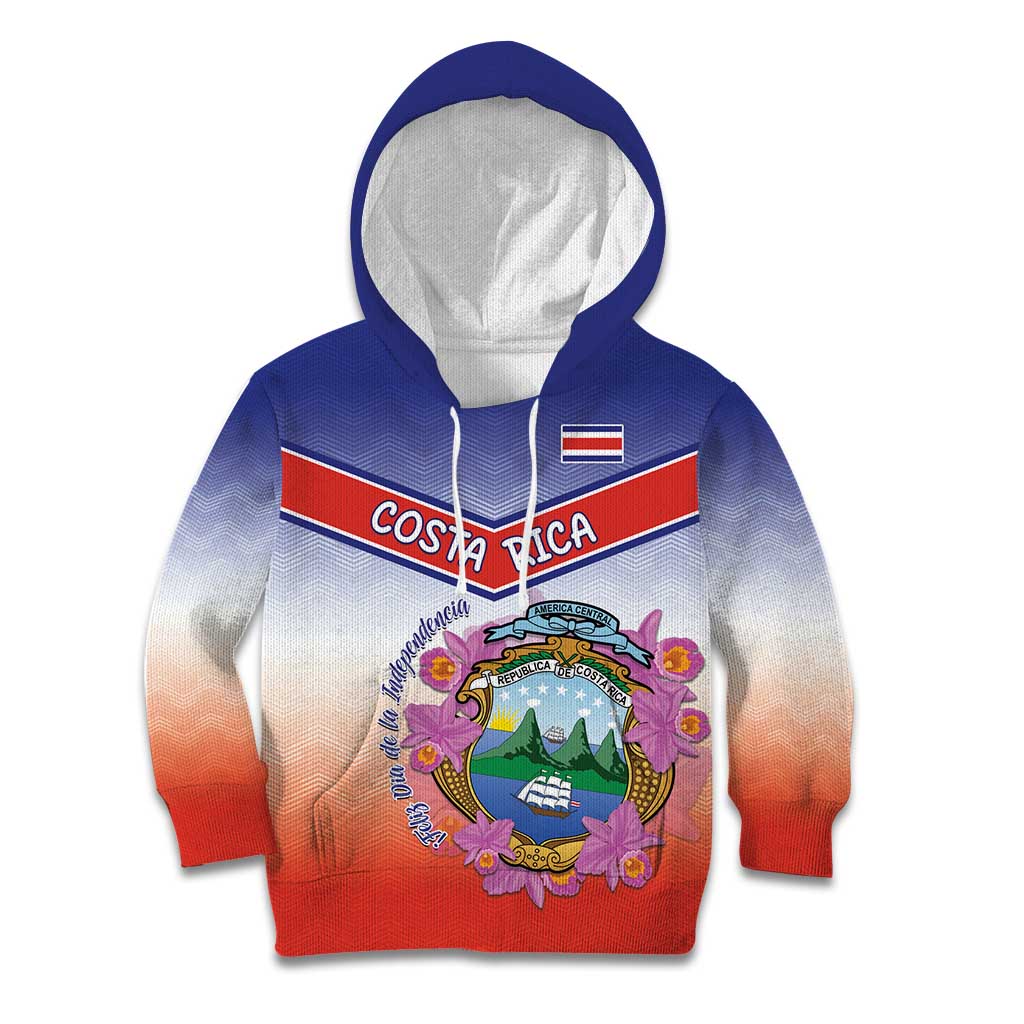 Personalized Costa Rica Independence Day Kid Hoodie Coat Of Arms With Purple Guaria Morada Orchid - Wonder Print Shop