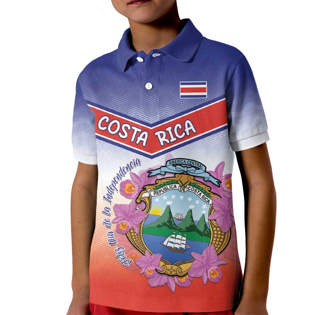 Personalized Costa Rica Independence Day Kid Polo Shirt Coat Of Arms With Purple Guaria Morada Orchid - Wonder Print Shop