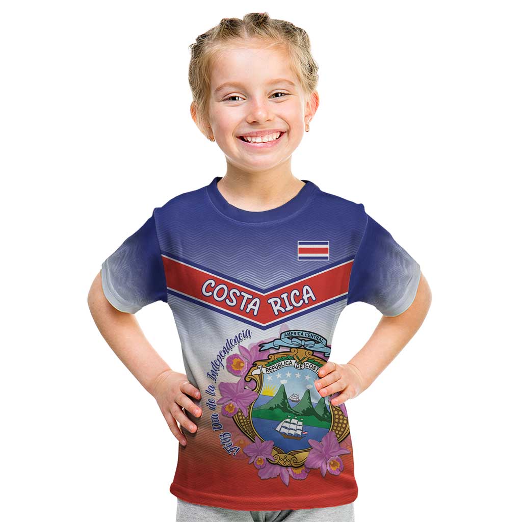 Personalized Costa Rica Independence Day Kid T Shirt Coat Of Arms With Purple Guaria Morada Orchid - Wonder Print Shop