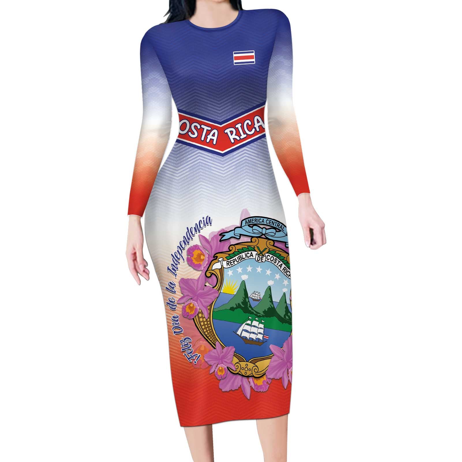 Personalized Costa Rica Independence Day Long Sleeve Bodycon Dress Coat Of Arms With Purple Guaria Morada Orchid - Wonder Print Shop