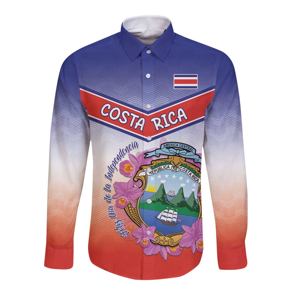 Personalized Costa Rica Independence Day Long Sleeve Button Shirt Coat Of Arms With Purple Guaria Morada Orchid - Wonder Print Shop