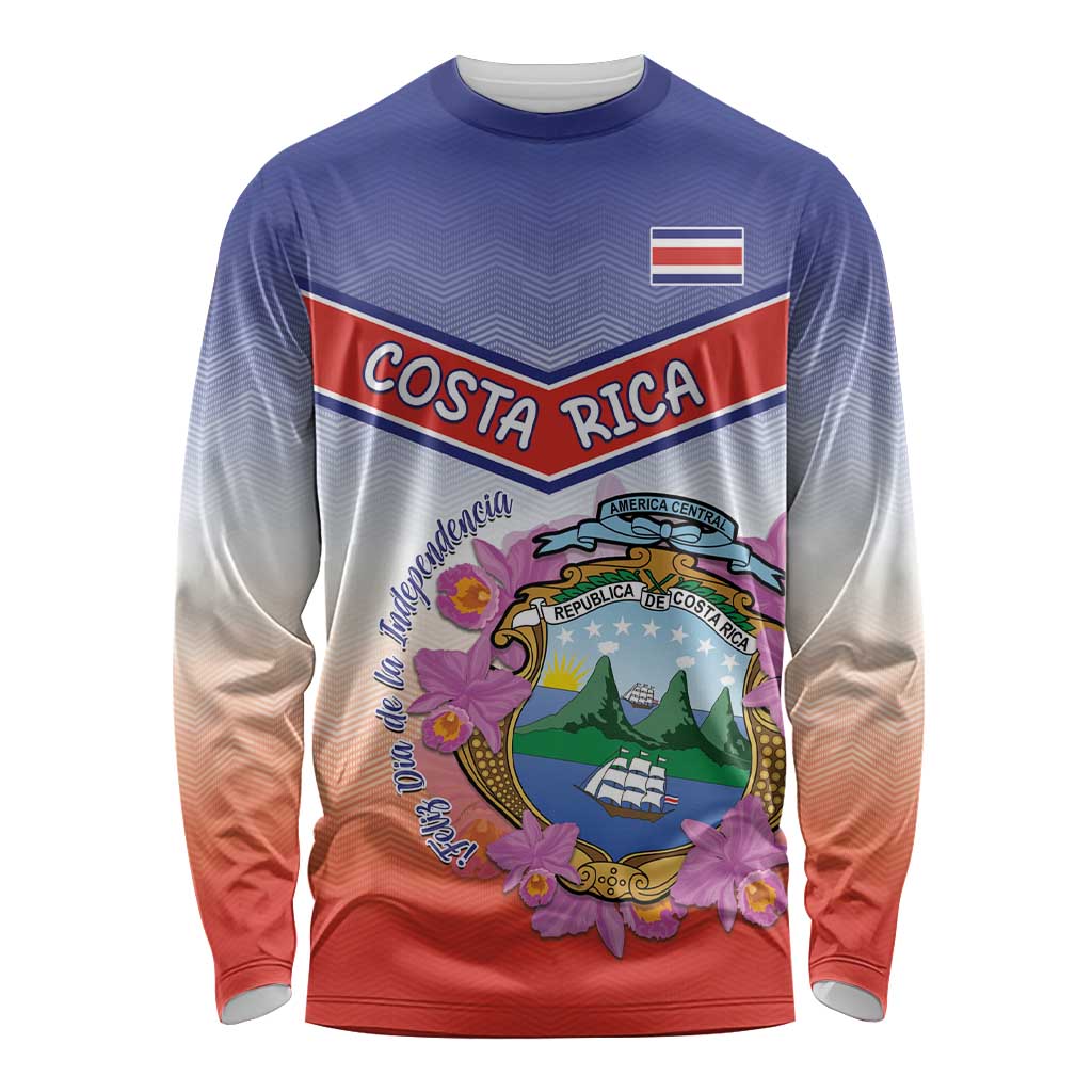 Personalized Costa Rica Independence Day Long Sleeve Shirt Coat Of Arms With Purple Guaria Morada Orchid - Wonder Print Shop