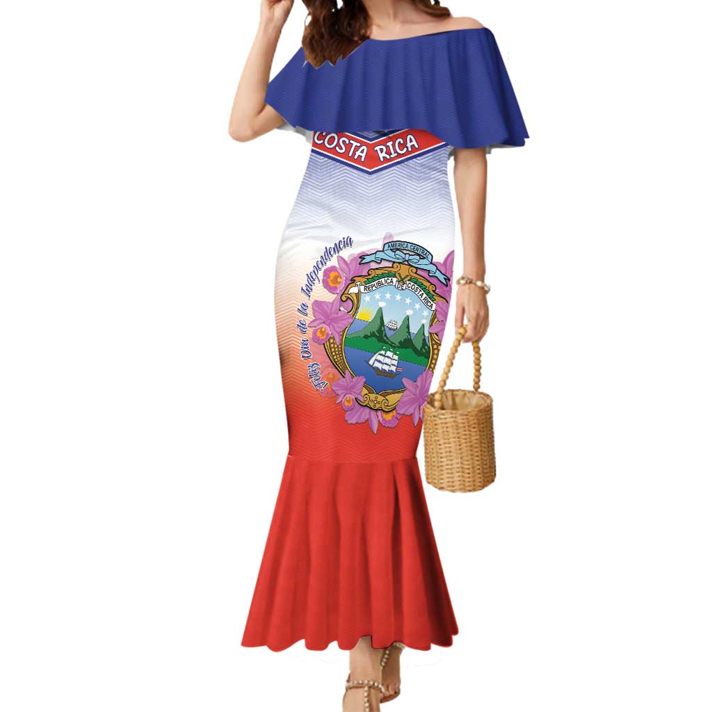 Personalized Costa Rica Independence Day Mermaid Dress Coat Of Arms With Purple Guaria Morada Orchid - Wonder Print Shop