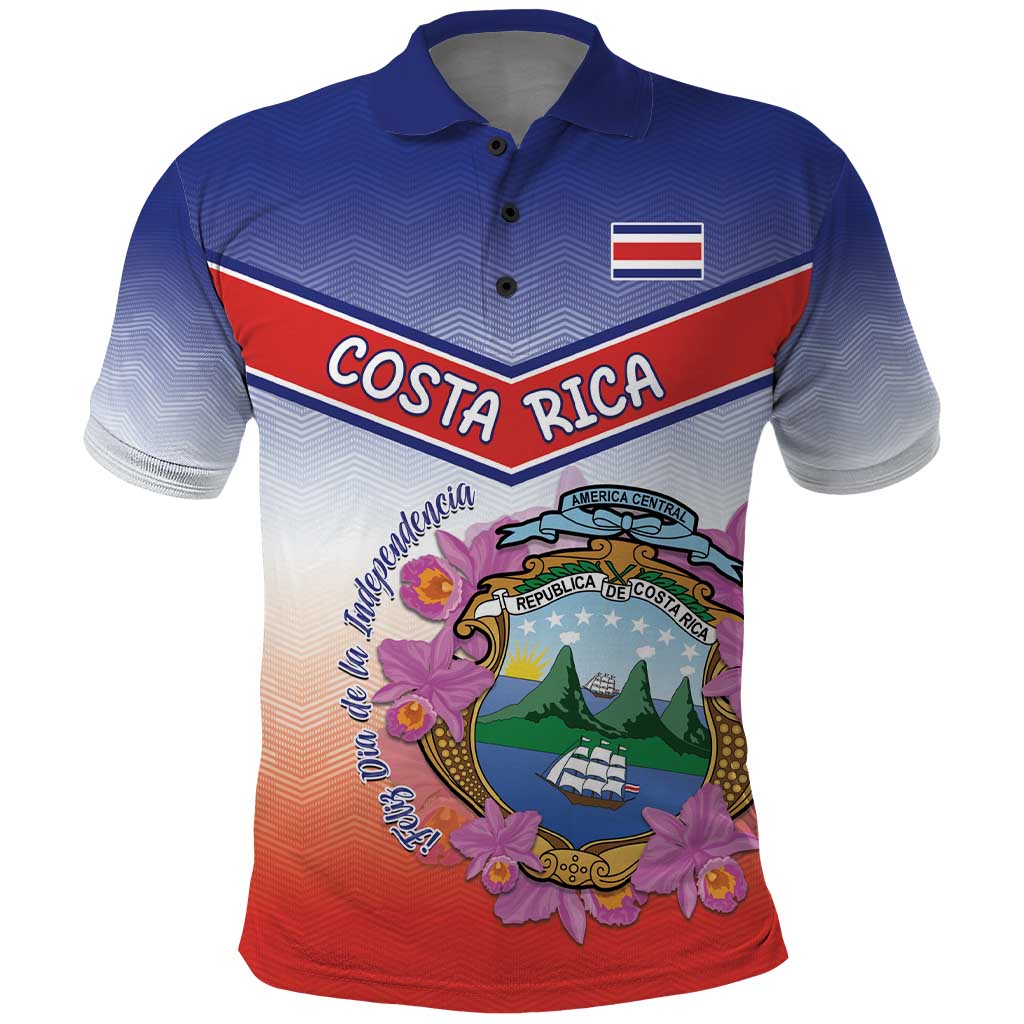 Personalized Costa Rica Independence Day Polo Shirt Coat Of Arms With Purple Guaria Morada Orchid - Wonder Print Shop