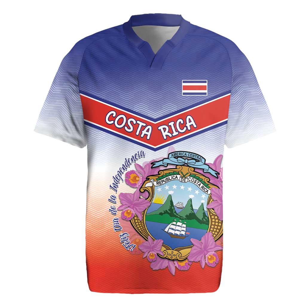 Personalized Costa Rica Independence Day Rugby Jersey Coat Of Arms With Purple Guaria Morada Orchid - Wonder Print Shop