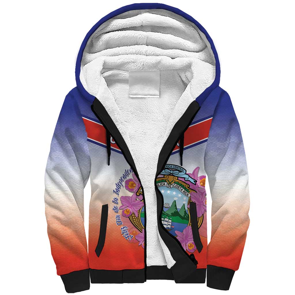 Personalized Costa Rica Independence Day Sherpa Hoodie Coat Of Arms With Purple Guaria Morada Orchid - Wonder Print Shop