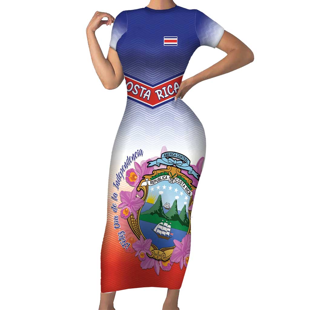 Personalized Costa Rica Independence Day Short Sleeve Bodycon Dress Coat Of Arms With Purple Guaria Morada Orchid - Wonder Print Shop