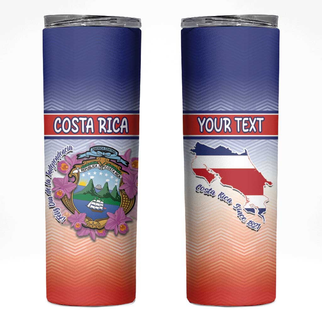 Personalized Costa Rica Independence Day Skinny Tumbler Coat Of Arms With Purple Guaria Morada Orchid