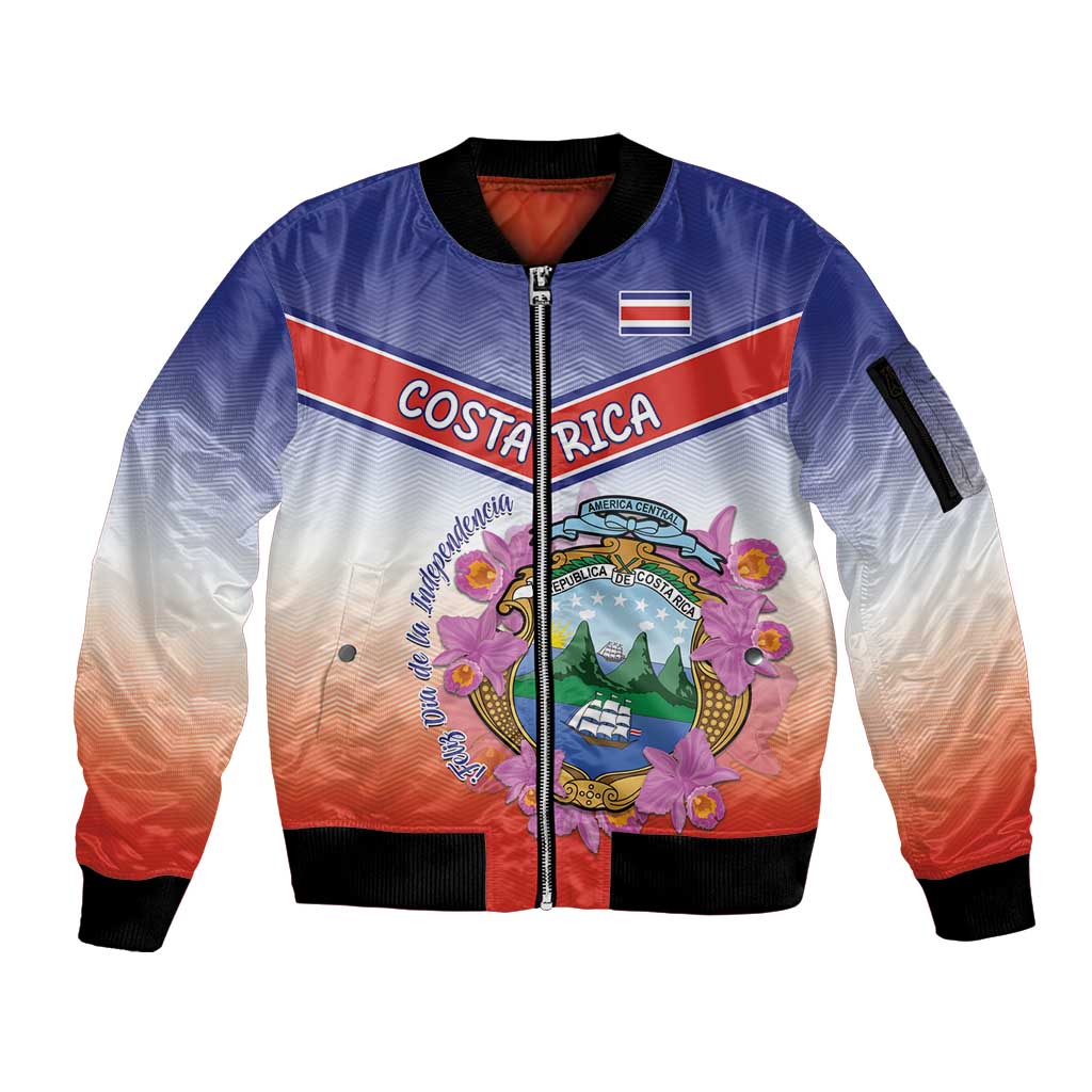 Personalized Costa Rica Independence Day Sleeve Zip Bomber Jacket Coat Of Arms With Purple Guaria Morada Orchid - Wonder Print Shop