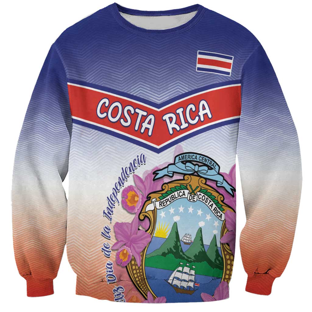 Personalized Costa Rica Independence Day Sweatshirt Coat Of Arms With Purple Guaria Morada Orchid - Wonder Print Shop