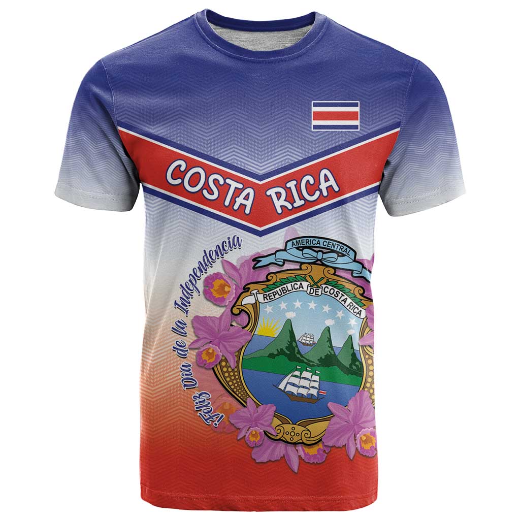 Personalized Costa Rica Independence Day T Shirt Coat Of Arms With Purple Guaria Morada Orchid - Wonder Print Shop