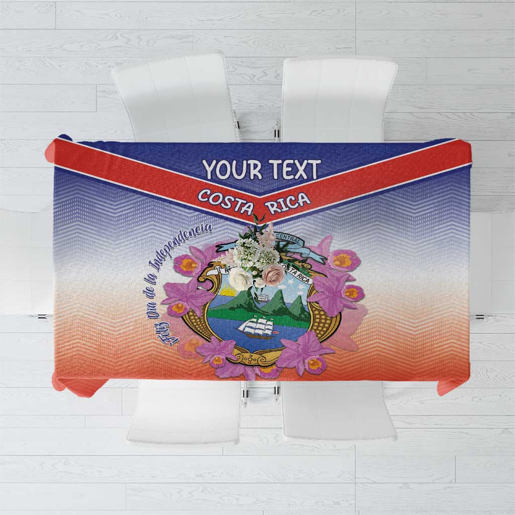Personalized tablecloth with 'YOUR TEXT' 'COSTA RICA' and coat of arms with purple orchid
