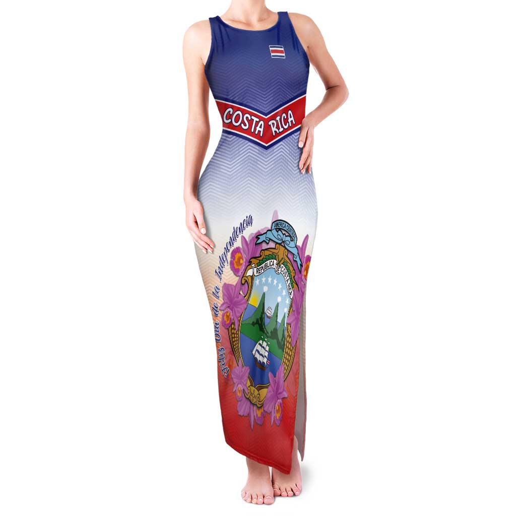 Personalized Costa Rica Independence Day Tank Maxi Dress Coat Of Arms With Purple Guaria Morada Orchid - Wonder Print Shop