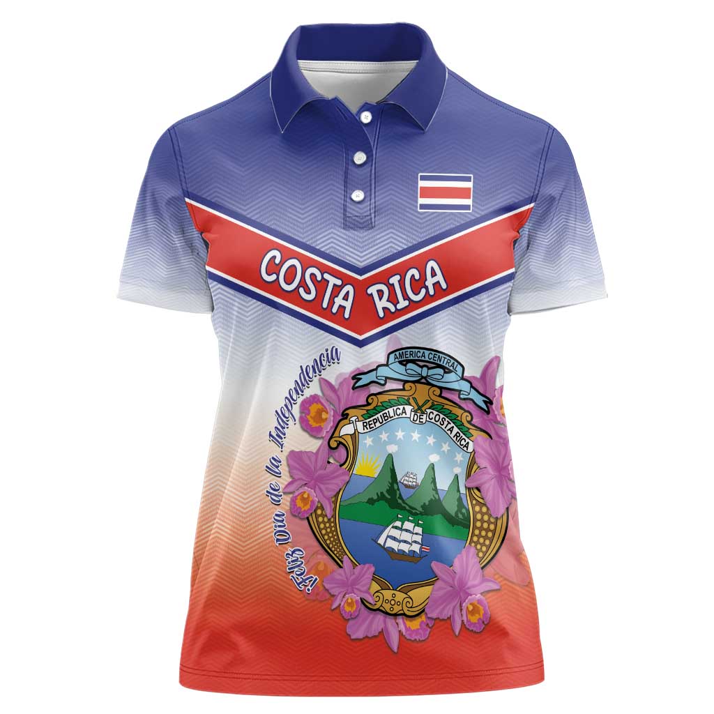 Personalized Costa Rica Independence Day Women Polo Shirt Coat Of Arms With Purple Guaria Morada Orchid - Wonder Print Shop