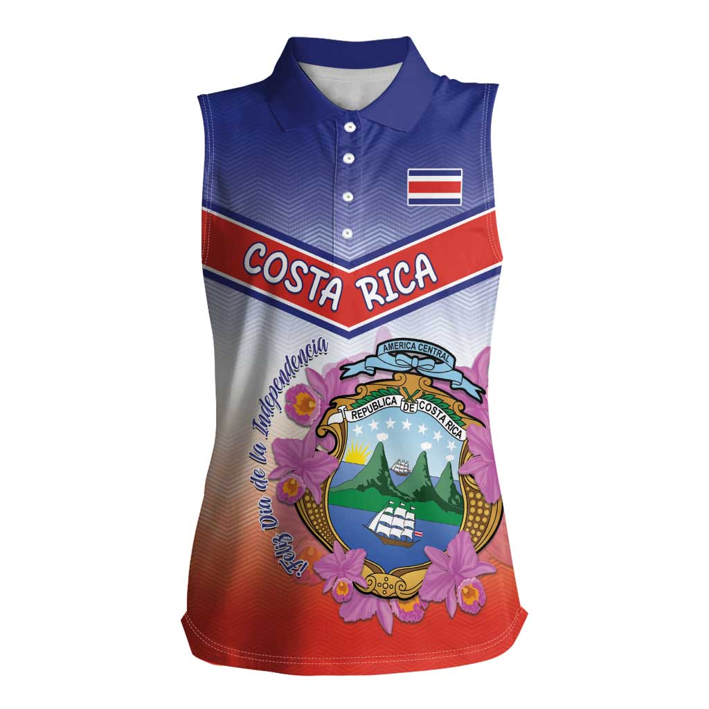 Personalized Costa Rica Independence Day Women Sleeveless Polo Shirt Coat Of Arms With Purple Guaria Morada Orchid - Wonder Print Shop