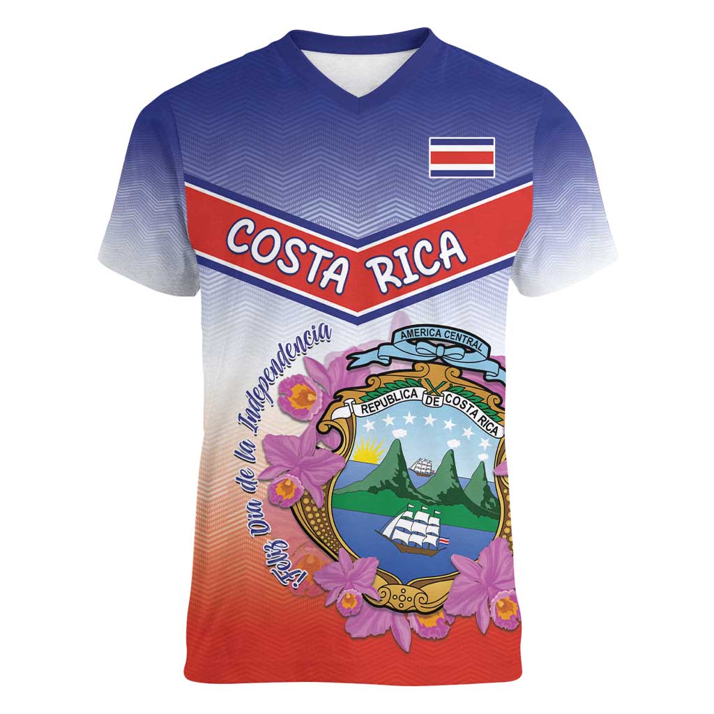 Personalized Costa Rica Independence Day Women V-Neck T-Shirt Coat Of Arms With Purple Guaria Morada Orchid - Wonder Print Shop