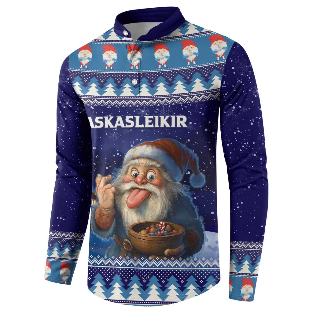 Dark blue button-front Christmas sweatshirt with gnome holding bowl; pine and fairisle border