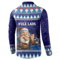 Dark blue button-front Christmas sweatshirt, back text 'YULE LADS' with gnome and house