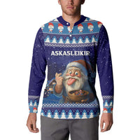 Dark blue button-front Christmas sweatshirt worn by model; gnome and bowl graphic with trees