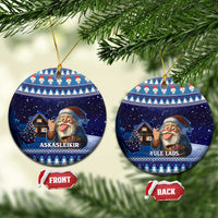 Pair of blue ceramic oval ornaments with gnome art, shown with FRONT and BACK tags
