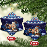 Pair of blue ceramic heart ornaments with gnome illustration, shown with FRONT and BACK tags