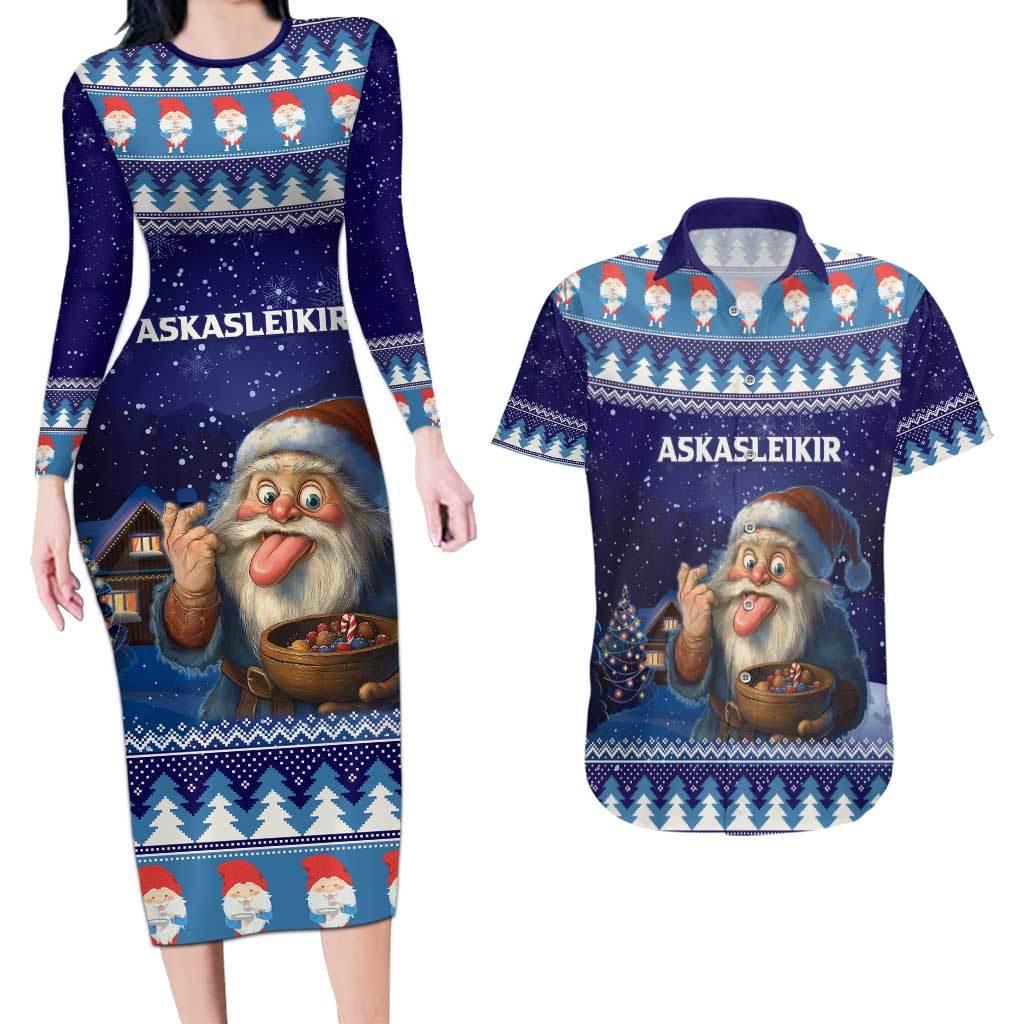 Iceland Christmas Askasleikir Couples Matching Long Sleeve Bodycon Dress and Hawaiian Shirt The Yule Lads Bowl Licker - Wonder Print Shop