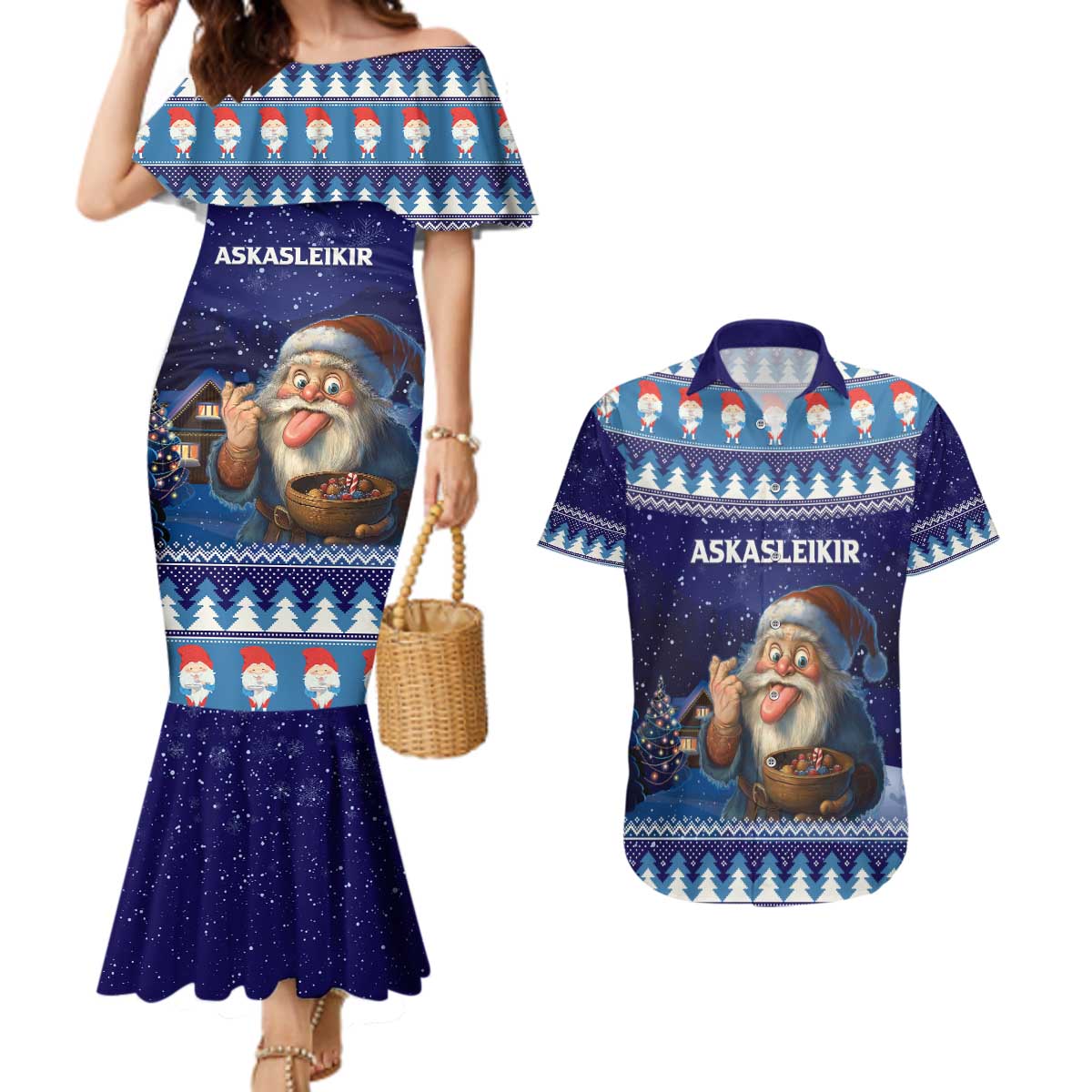 Iceland Christmas Askasleikir Couples Matching Mermaid Dress and Hawaiian Shirt The Yule Lads Bowl Licker - Wonder Print Shop